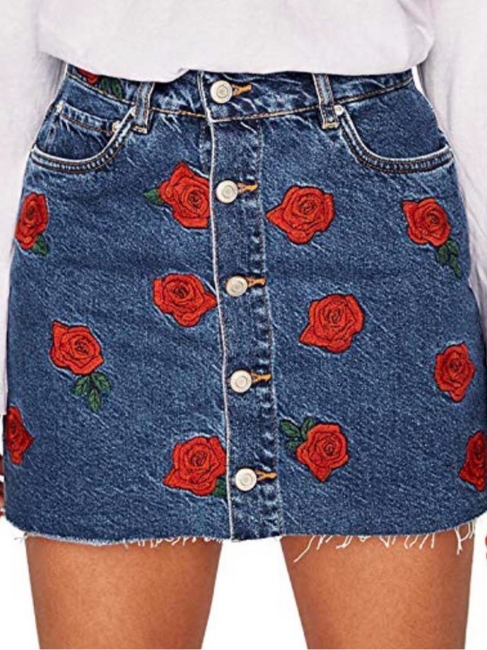 Zara Blue Denim Mini Skirt with Red Rose Embroidery